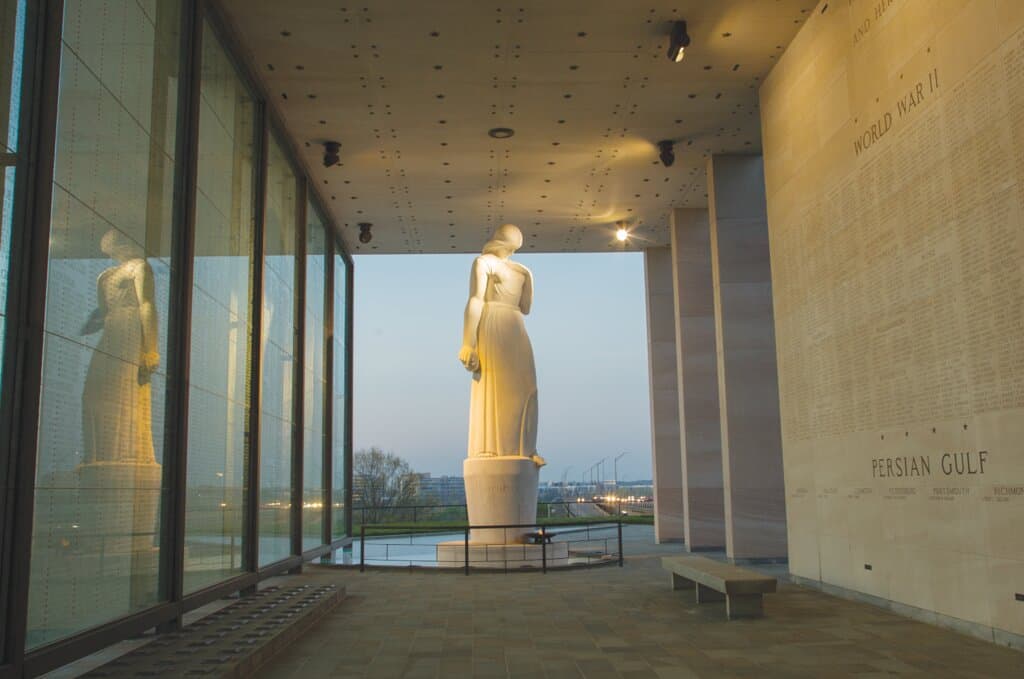 Etched on the walls of the Shrine of Memory are the names of the nearly 12,000 Virginians killed in action from WWII through today. The statue of "Memory" was sculpted by Leo Friedlander.