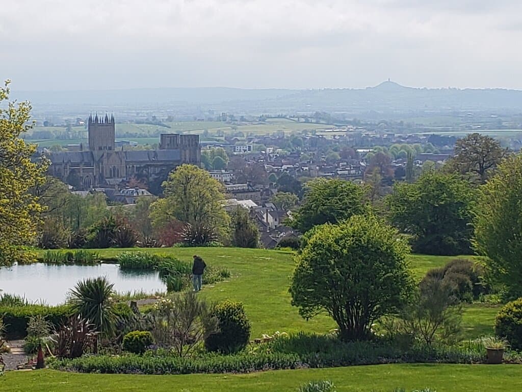 View from the house over the pond to Wells Cathedral