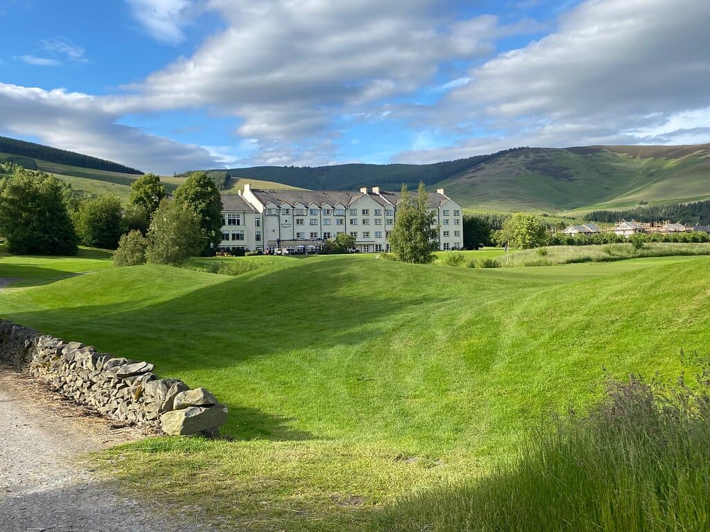 Looking back at the hotel in the grounds around the golf course 