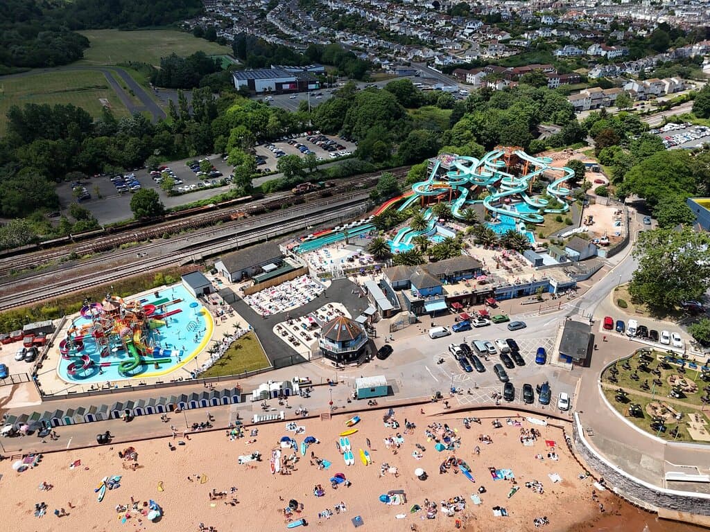 Drone overfly of Quaywest Waterpark, Shipwreck Island and Goodrington South Sands beach, nr Paignton, Devon.
Courtesy of Sunrider Drones