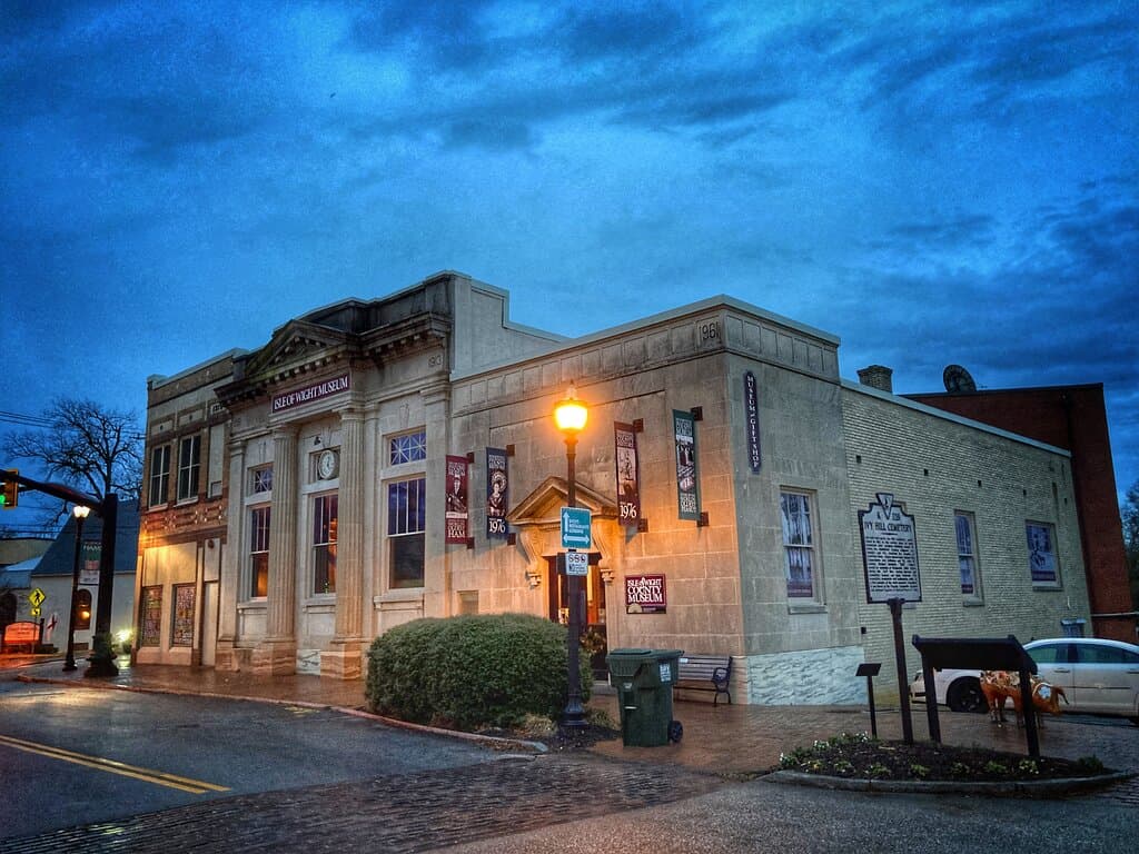 Dusk outside the Isle of Wight County Museum, the former 1913 Bank of Smithfield.