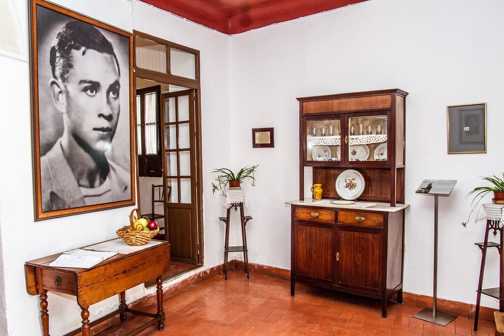 Salón y acceso a la Casa Museo. Bajo una gran fotografía de Miguel encontrarás el libro de visita de la Casa, allí grandes artistas, escritores y personalidades atraídas por el poeta han dejado su firma.