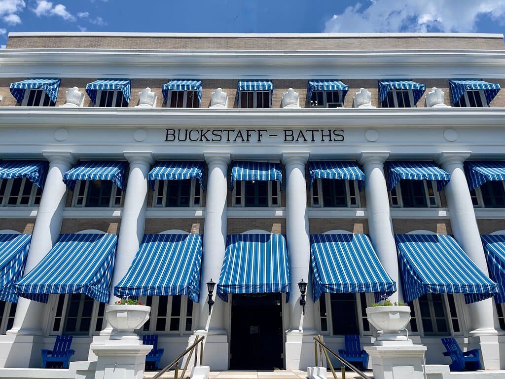 Our beautiful blue and white awnings are a stand out on Bathhouse Row in Hot Springs, Arkansas.