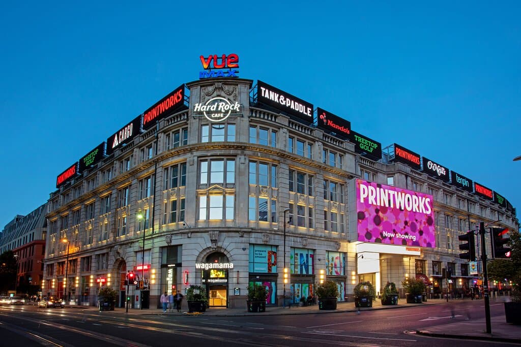 Exterior front of Printworks during the evening