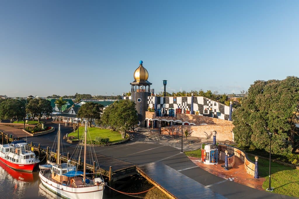 The Hundertwasser Art Centre is located in the Whangarei Town Basin alongside the marina.