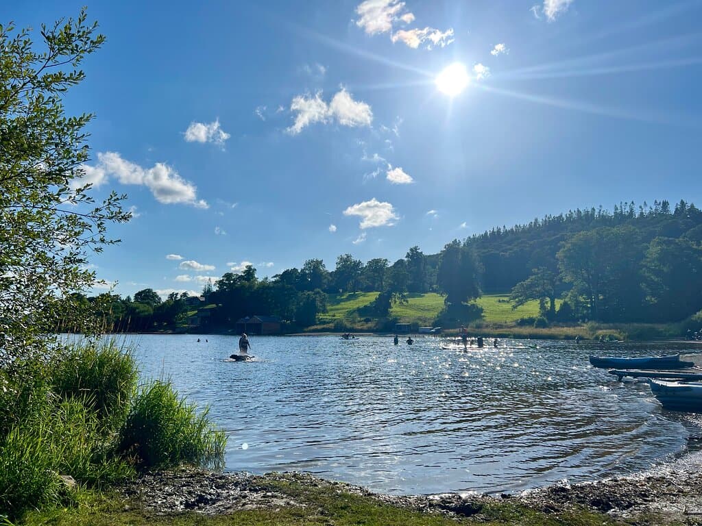 Calm day at Llyn Tegid with not much of breeze makes for a safe and easy time for water sports.  Take care is there is a wind and don't go out too far on your own.