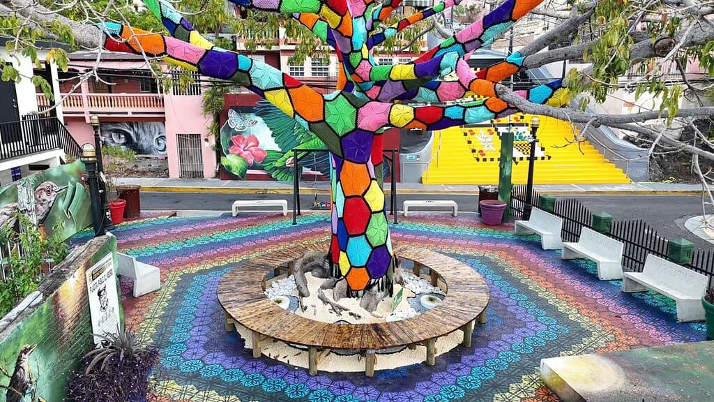ARBOL TEJIDO DE YAUCROMATIC EL ARBOL DE CEIBA TIENE UNA EDAD APROXIMADA 75-85 AÑOS. FUE VESTIDO CON TEJIDO POR PRIMERA VEZ EN OCTUBRE/2023. POR SEGUNDA OCASION FUÉ VESTIDO EN ENERO/2025. LA OBRA FUE REALIZADA POR 7 TEJEDORAS LOCALES QUE UTILIZARON ALREDEDOR DE 500 ROLLOS DE HILO PARA CREAR CADA PAÑO QUE SE UTILIZÓ PARA EL VESTIDO. ES ADMIRABLE VER COMO EL ESFUERZO COLECTIVO PUEDE TRANSFORMAR UN ESPACIO EN ALGO ESPECIAL. DE ESO SE TRATA ARTE PARA UNIR INC. ¡DISFRÚTALO!