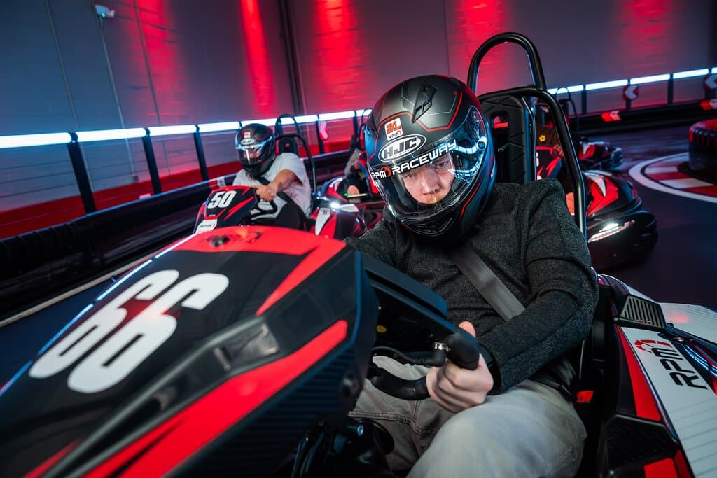 Family fun go kart racing on RPM's new multi-level track in Farmingdale, NY.