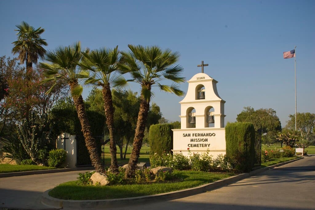 Main entry to San Fernando Mission Cemetery & Mortuary.  Stranwood Gate.