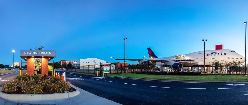 View of the Security gate from the street.  Look for the Boeing 747 plane!