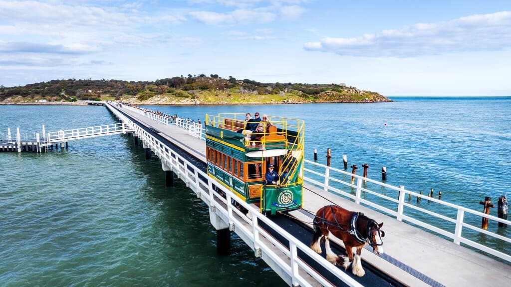 the Victor Harbor Tramway on the Causeway at Victor Harbor