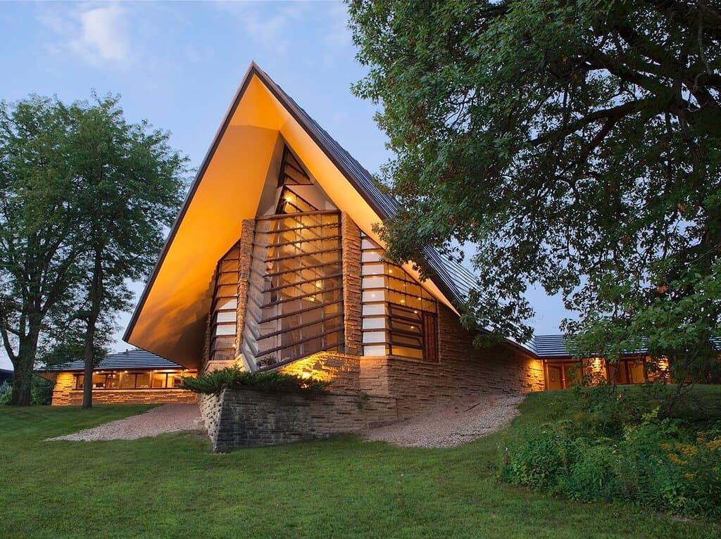 The Unitarian Meeting House, part of the First Unitarian Society of Madison, was designed by Frank Lloyd Wright in 1946-47 and completed in 1951. It is recognized as one of the world's most innovative examples of church architecture. Its design was radical for the time and changed the course of 20th century church design. 