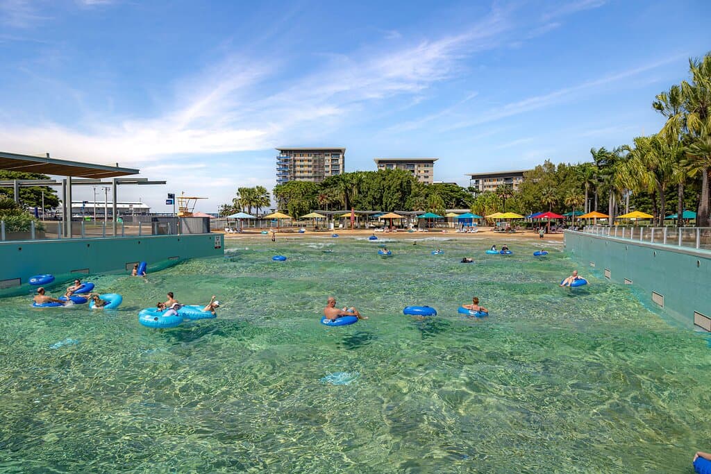 Visitors enjoying a dip in the cool waters of the Lagoon.