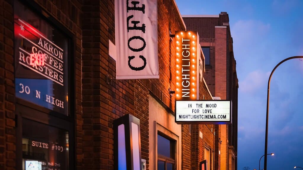 An exceptional arthouse cinema experience — for everyone.  The Nightlight is an independent, 501(c)(3) nonprofit movie theater in downtown Akron, Ohio, dedicated to fostering community through quality cinema made more accessible.  Open nightly since July 2014, we've been the cozy go-to spot for you to enjoy the cinematic art form alongside our diverse community of curious filmgoers, here in Akron and across Northeast Ohio.