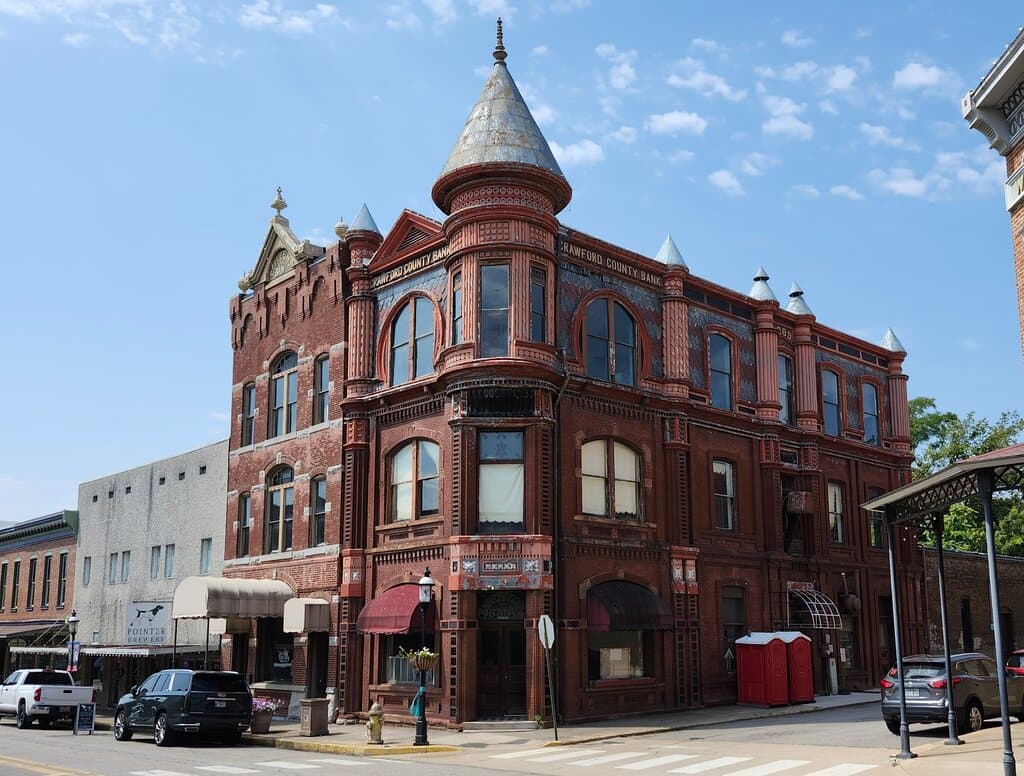 The old Crawford County bank building, perhaps the most interesting building in downtown, currently vacant but being renovated.