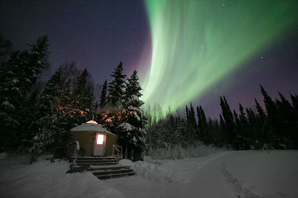A stay in our cozy Alaskan yurt offers excellent Aurora Viewing opportunities away from city lights