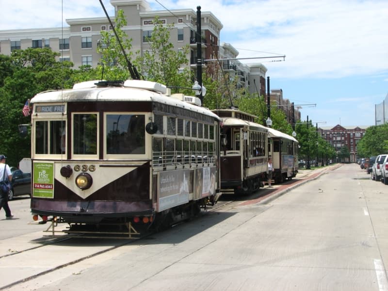 The McKinney Ave Trolley Fleet lined up at Cityplace