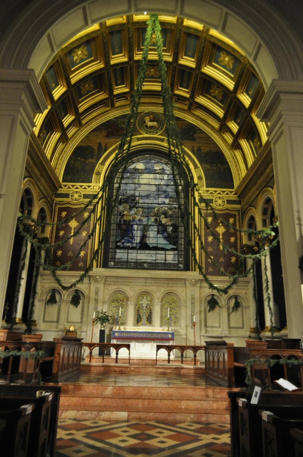 Front of church festooned for Christmas