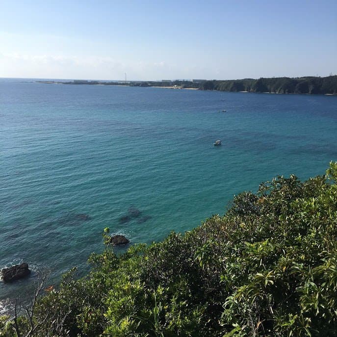 がけ下、眼下は、多様なマリンブルー しかし監視船が等間隔に並んでいる