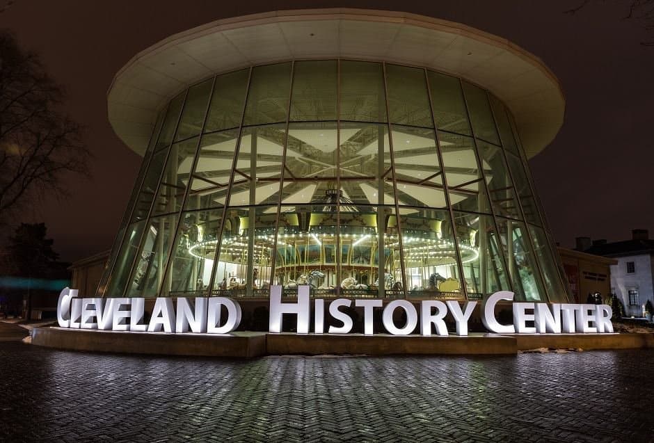 Cleveland History Center sign outside of the Euclid Beach Park Grand Carousel pavilion