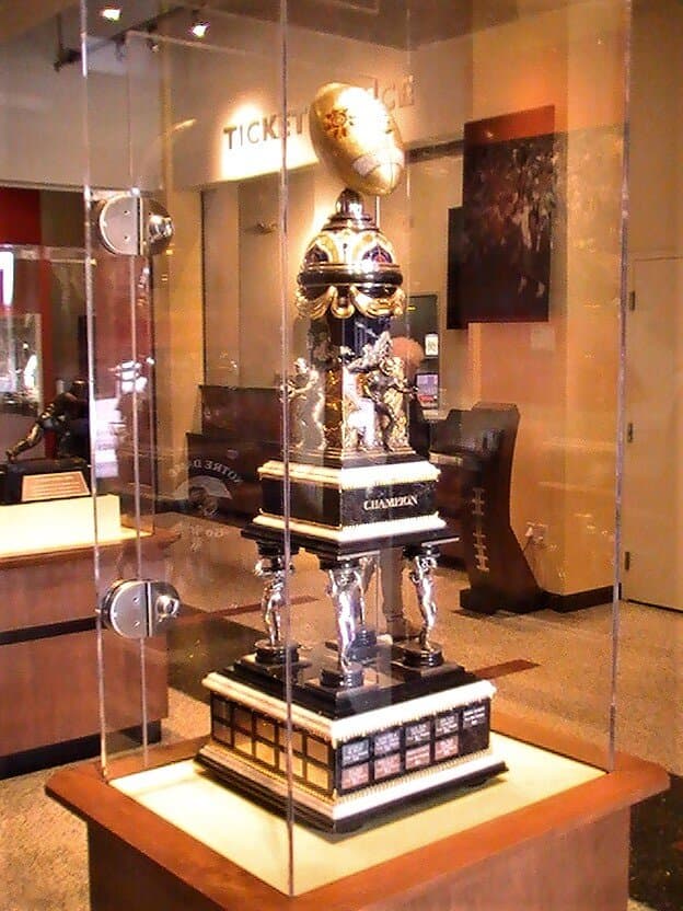 Present day Fiesta Bowl Trophy-226 lbs, $1.2 million dollar appraisal. Top ball detaches for handling