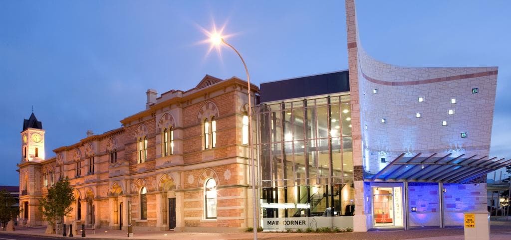 The complex lights up at night