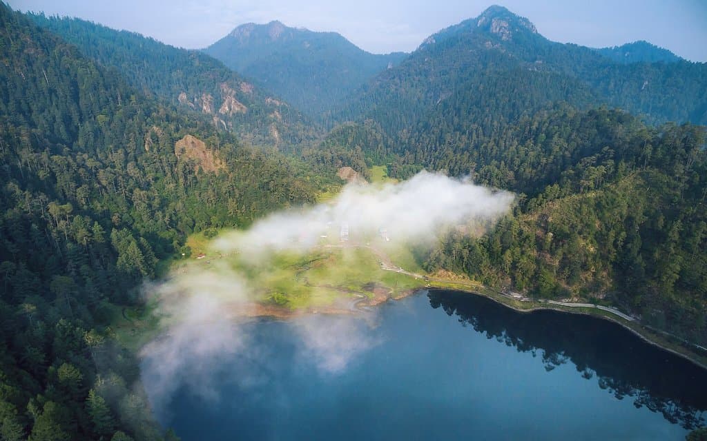 Aerial view of the parking and food areas.
