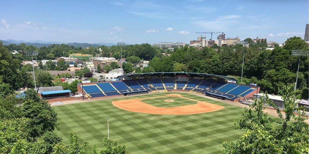 View from above center-field with downtown Asheville in the background