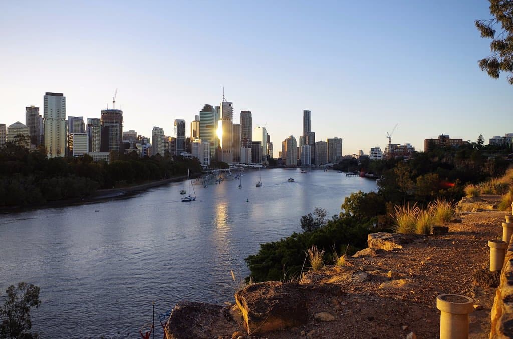 views across the river on Brisbane city skyline from Kangaroo Point Cliffs Park