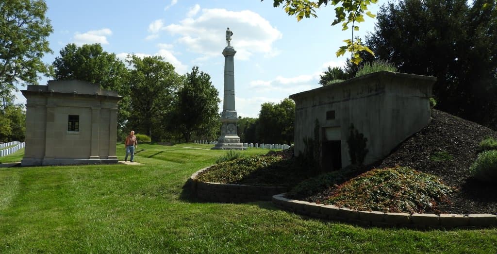 View of the mausoleum, original resting place, and statue