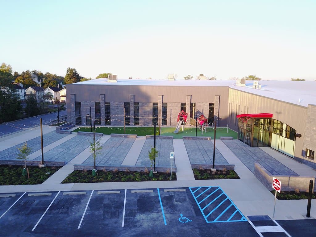 The 13,000 sq. ft. courtyard with outdoor playground and direct access to the BV Rail Trail
