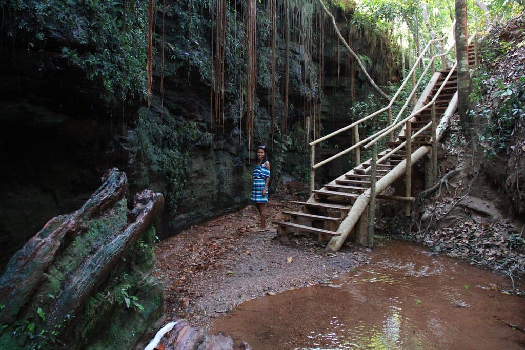 inicio do atrativo. ja da pra perceber a diferença de temperatura de la do alto da escada para este ponto onde me encontro na foto. essas raízes no paredão é onde jorram os pingos que parecem chuvisco