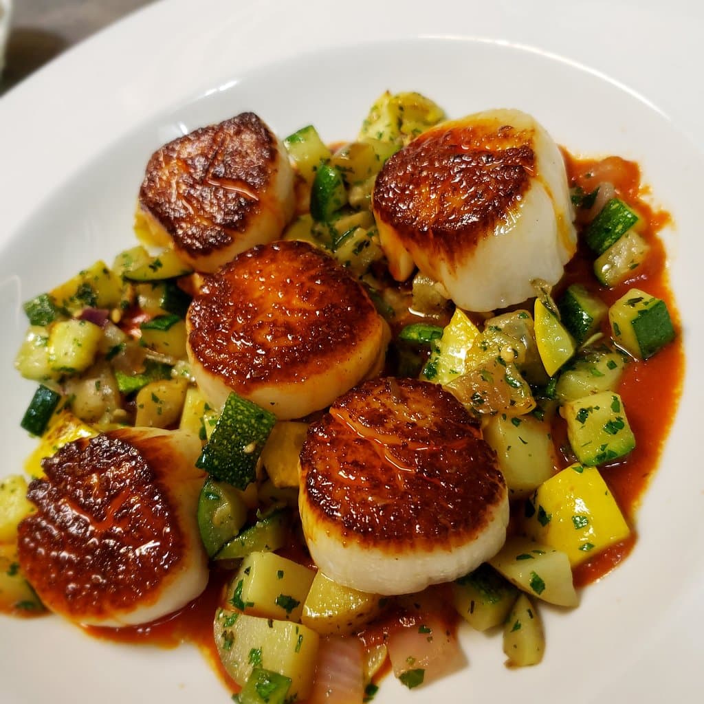 Pan Seared Sea Scallops with seasonal ratatouille and herbs