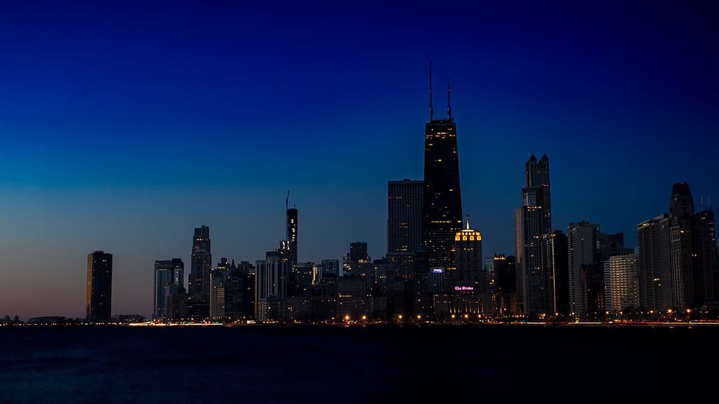 The #chicagoskyline taken from the North Ave beach. #bluehour #chicago