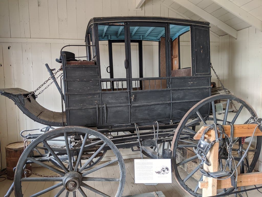 A Texas 'Mud Wagon' coach on display, this was a common type of stagecoach used in south and west Texas in latter half of 19th century