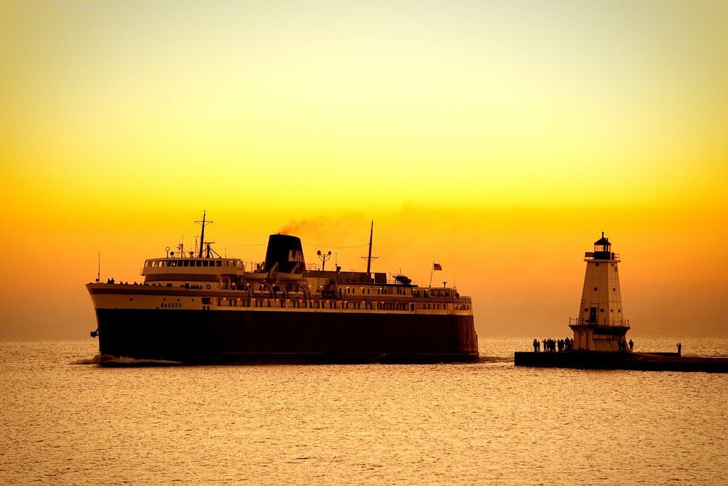 A beautiful evening sunset as the Badger enters the harbor in Ludington, MI.