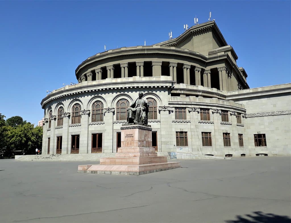 A view of Yerevan's "The Opera" and the statue of Ukraine-born Armenian composer Alexander Spendiaryan.