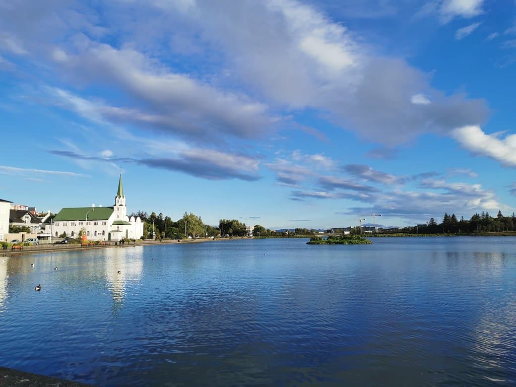 Everything is blue, the sky and the lake.