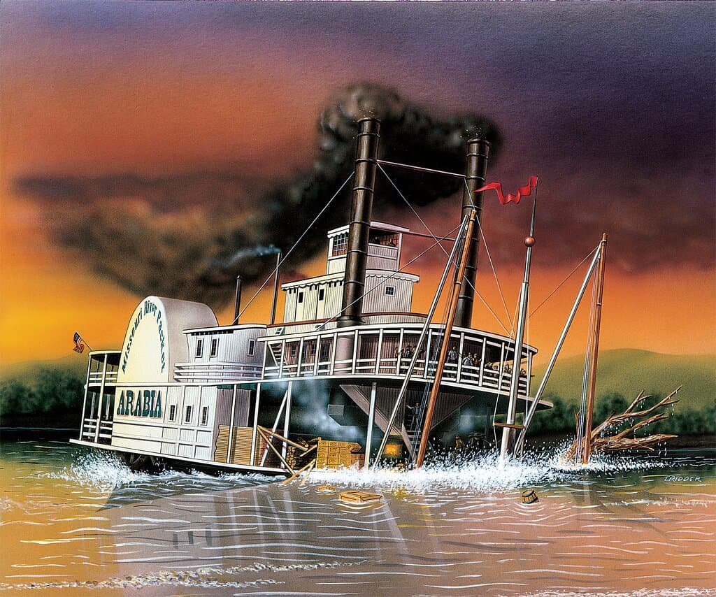 The steamboat Arabia hits a tree snag and sinks in the Missouri River in 1856. All passengers survive, but the cargo is lost until 1988.