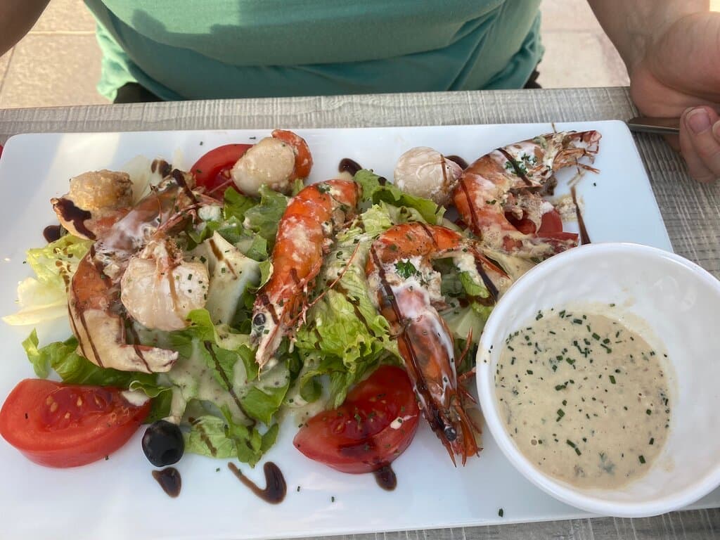 Le burger était bon à part le pain un peut dur. Je le demande sent tomate et il arrive avec des tomates. La salade de saint Jacques étang bonne et la cuisson de saint Jacques parfaite.