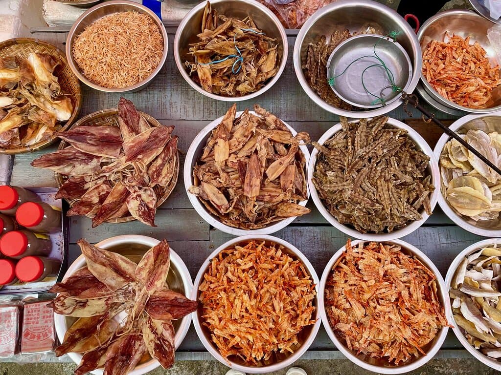 Dried seafood and spices on display in Tai O Market.
