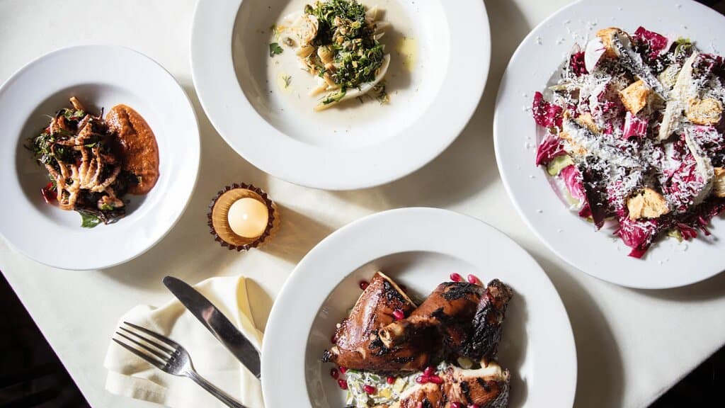 An overhead shot of four meals on white plates: chicken, fennel, radicchio, and octopus, with pomegranates, parmesan, and romesco.
Photo Credit: https://www.gabonghi.com/ & https://philly.eater.com/22934864/mish-mish-philly-alex-tewfik-philly-mag-reservations