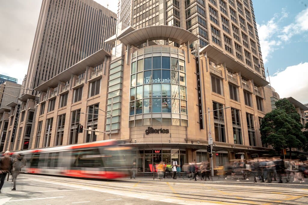 The Galeries shopping centre outside view from corner of Druitt and George Street