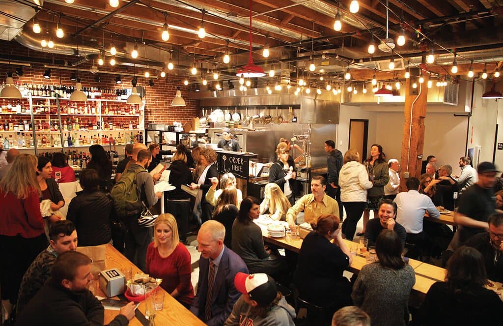 A lively food hall featuring Mediterranean, Latin, Dumplings, Bao, Ramen, Thai, and Donuts. Also has fantastic cocktails and a taproom.