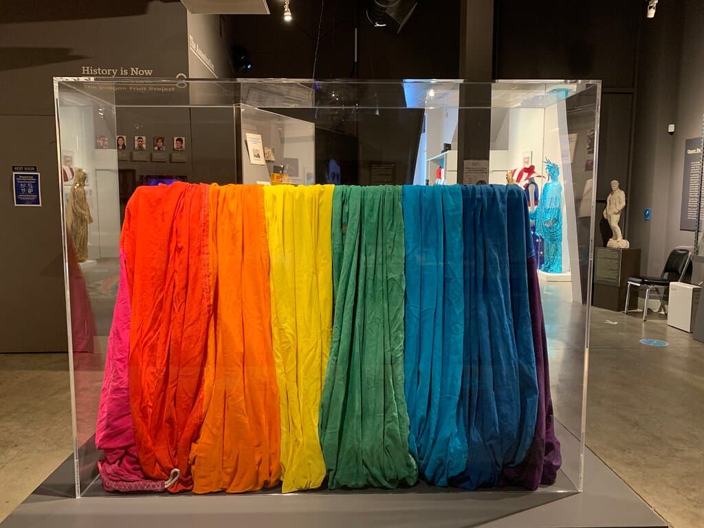 The only known remnant of the original rainbow flag, part of the permanent collection at the GLBT Historical Society Museum. Photo by Andrew Shaffer.