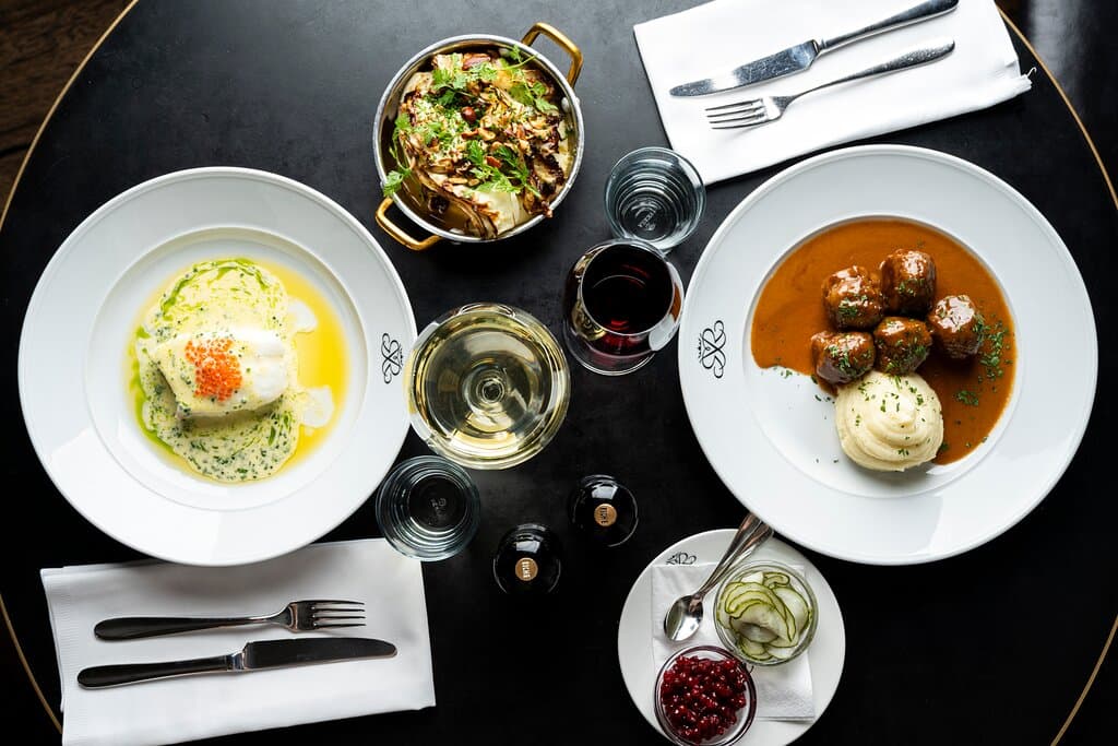 Classic Swedish meatballs and halibut at Riche