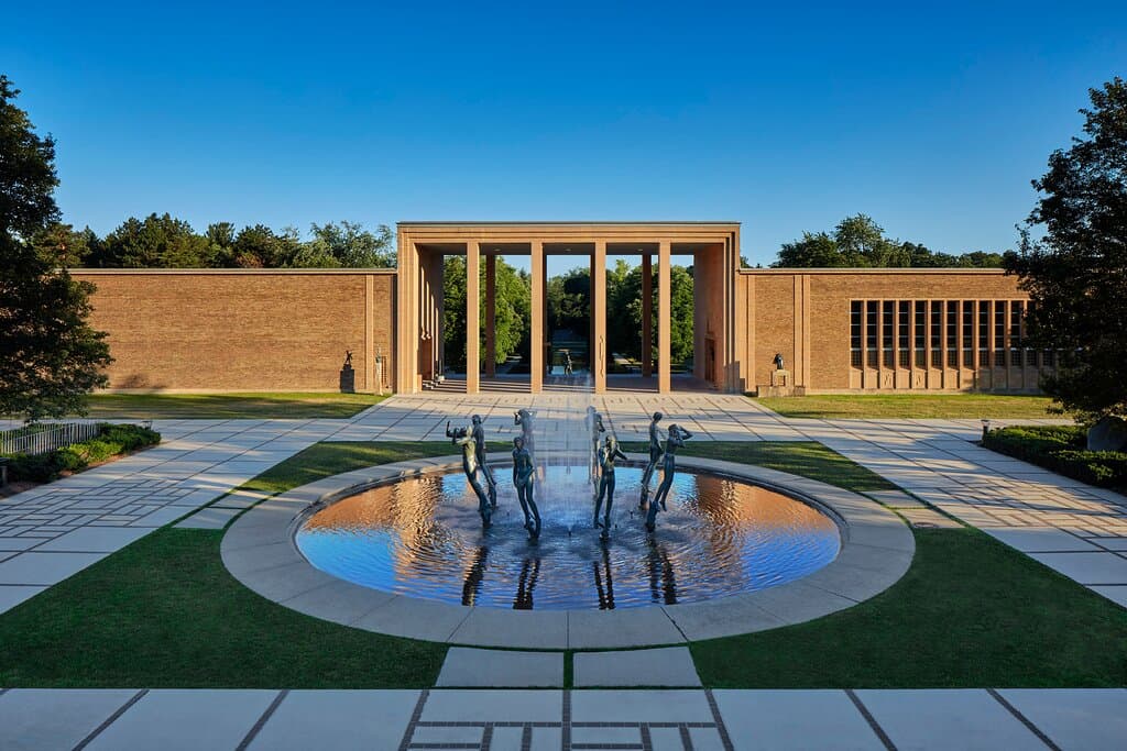 View of Cranbrook Art Museum and Orpheus Fountain (Carl Milles). Photo by James Haefner.