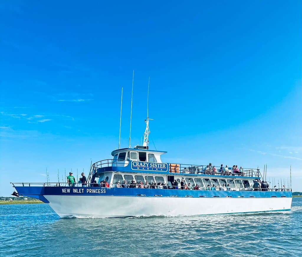 The “New Inlet Princess” is a United States Coast Guard Certified & Inspected Vessel. She is 82′ in length with bathrooms onboard and a second level observation deck in addition to her air-conditioned cabin complete with snack bar. Join us onboard for fishing, tours and cruises!