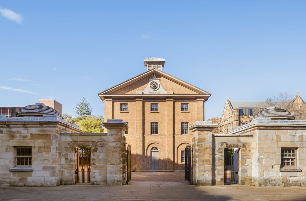 West elevation (front) of Hyde Park Barracks, from across Queens Square