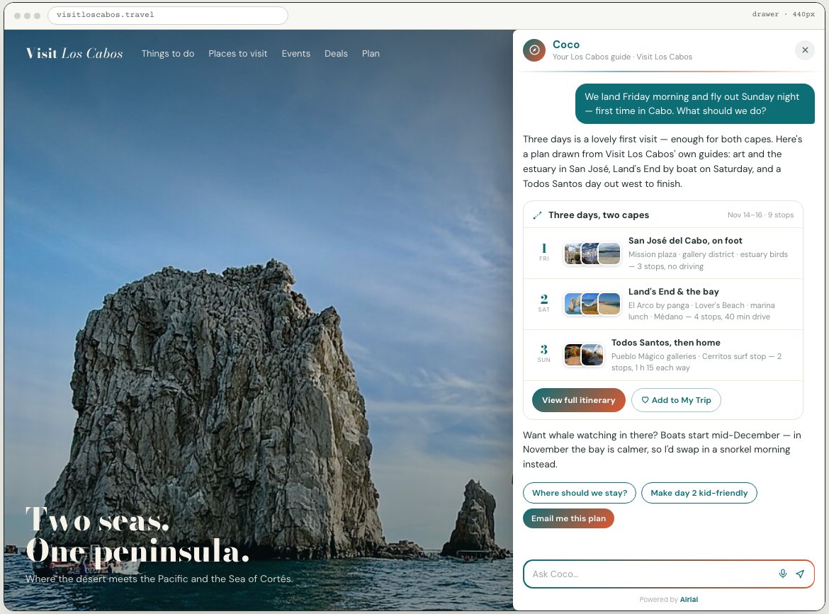 A tourism board website with the Airial planner open: a three-day plan drawn from the board's own guides